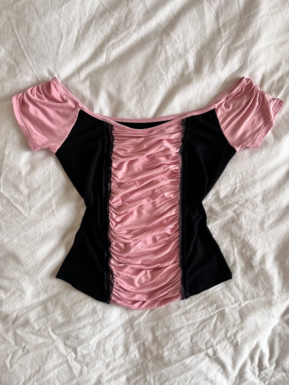 Y2K Princess Corset Style Black and and Baby Pink Off the Shoulder Tshirt